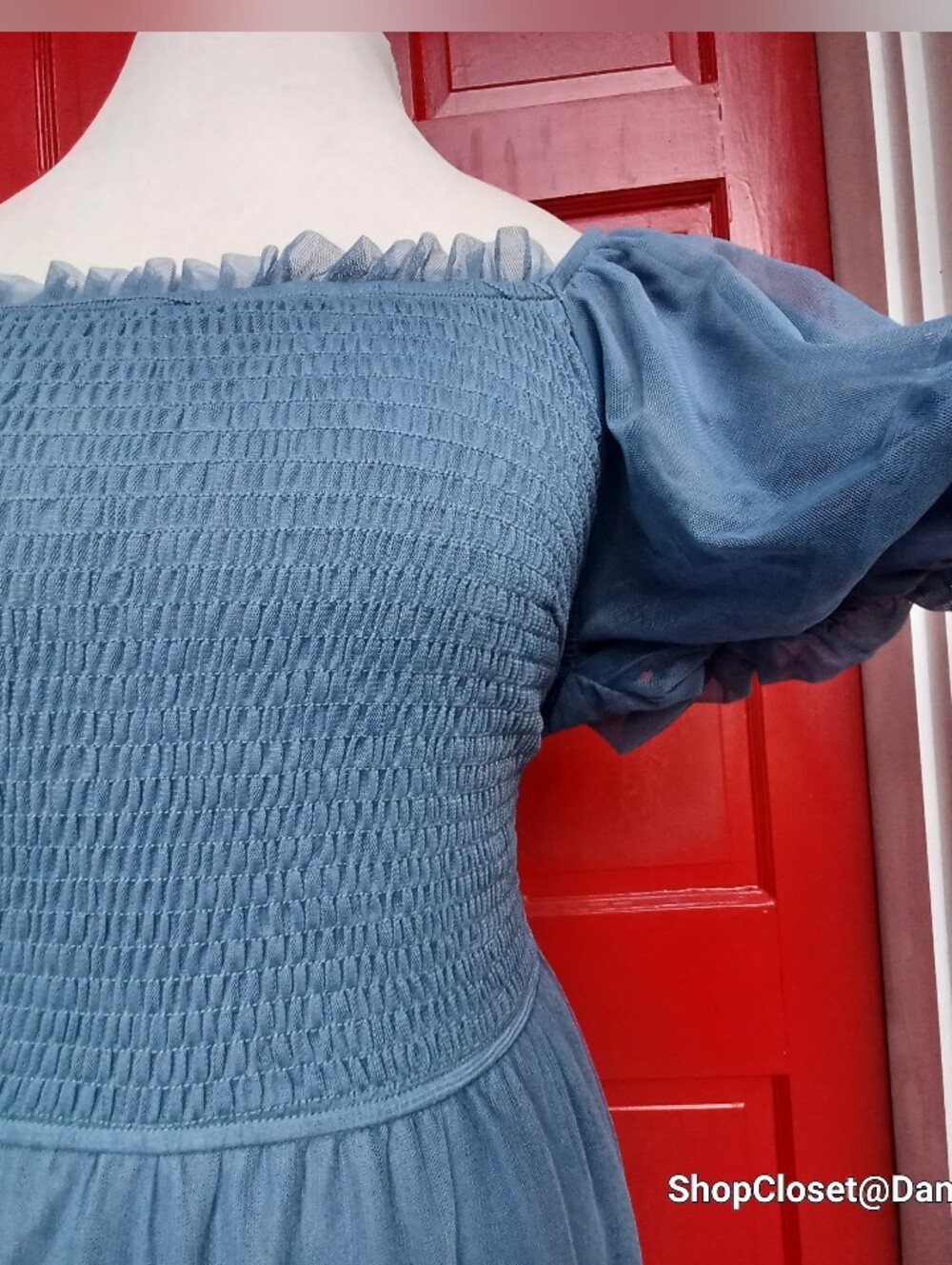 PrettyGarden Dusty Blue Off-Shoulder Tulle Midi Dress - Picture 8 of 14
